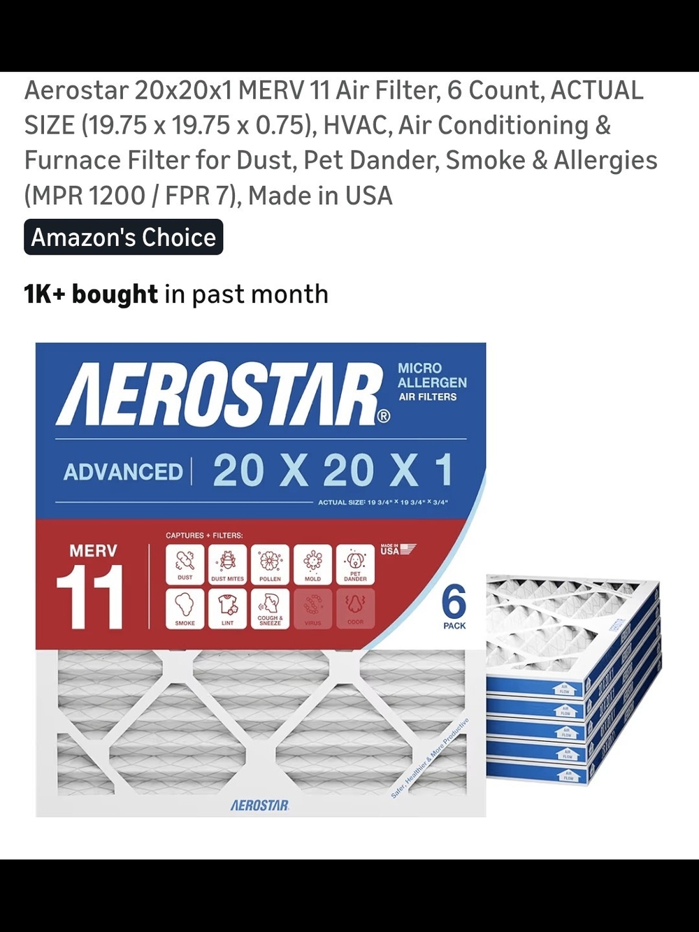 MERV 11 White HVAC Air Filter - 20 x 20 x 1 (6 Pack)